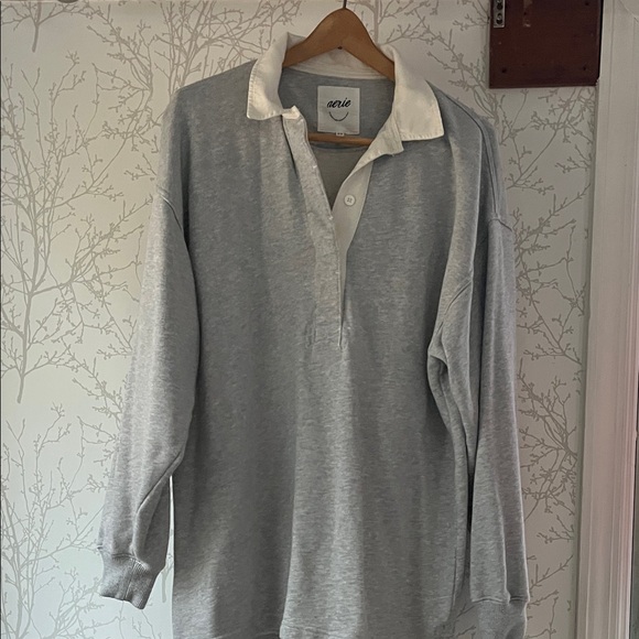 aerie Tops - Light Grey Long-Sleeve rugby with White Contrast Collar
